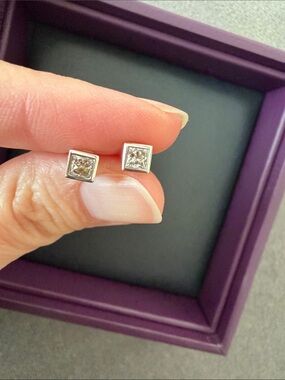 Princess Bezel Solitaire Diamond Stud Earrings in 14k White Gold